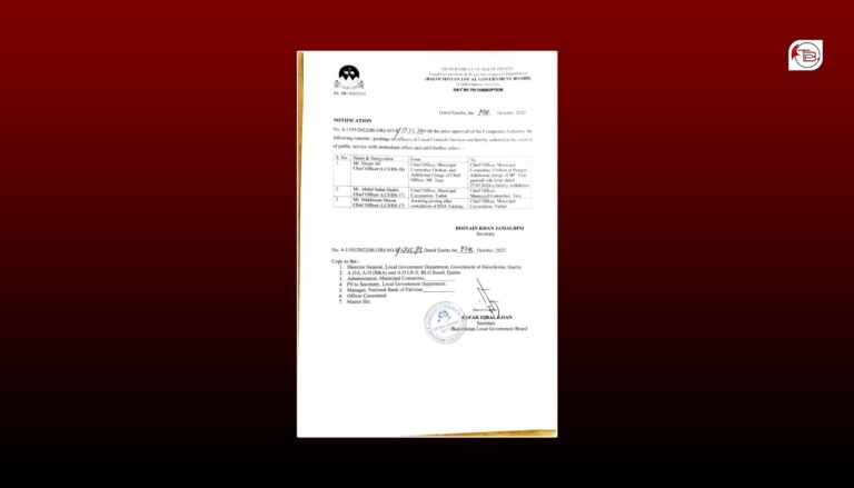 کیچ: چیف آفیسر میونسپل کارپوریشن تربت بدل کنگ بیتگ