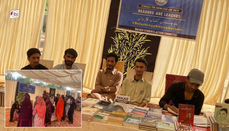 بساک کراچی ھنکین ءِ نیمگ ءَ بلوچستان کتاب کاروان ءِ نام ءَ اسٹالے برجم کنگ بوتگ