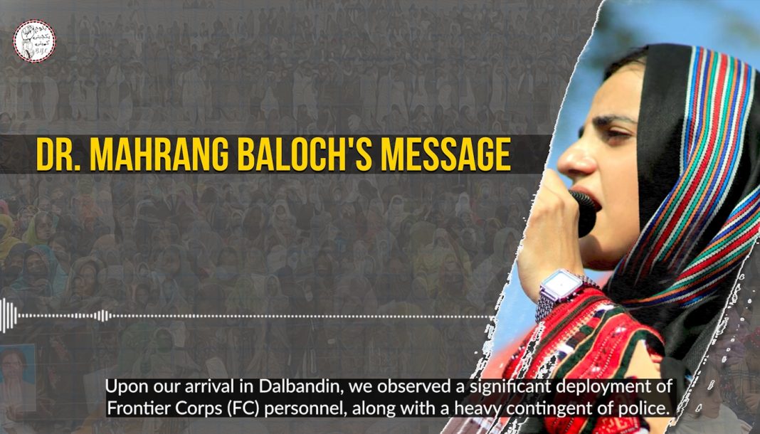 دالبندین ءَ پوج مزنیں کساسے ءَ آرگ بیتگ اَنت، انٹرنیٹ آسراتی بند اَنت، مئے سر ءَ کریک ڈاؤن کنگ ءِ گمان اِنت- ڈاکٹر ماہ رنگ ءِ توار بند کلوہ