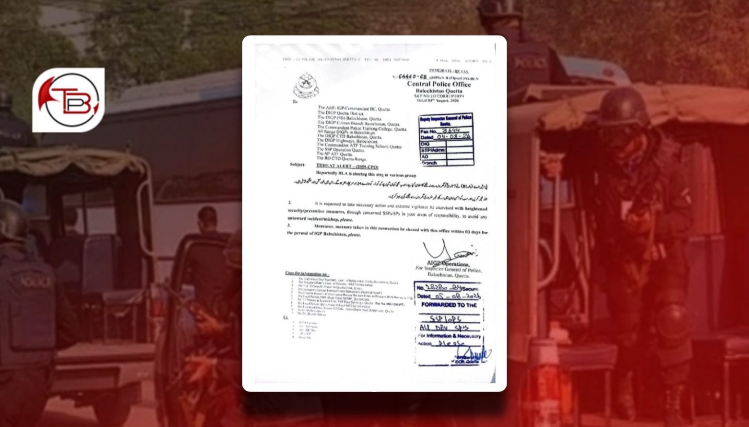 شال ءَ اُرشانی تُرس: بی ایل اے ءِ چار ھزار جنگول شھر ءَ نشانگ کت کن انت – پولیس